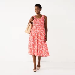 Women's Croft & Barrow® Smocked Swing Midi Dress 19 Women's Croft & Barrow® Smocked Swing Midi Dress -Cuddl Duds SHOP 3567056 Floral Coral