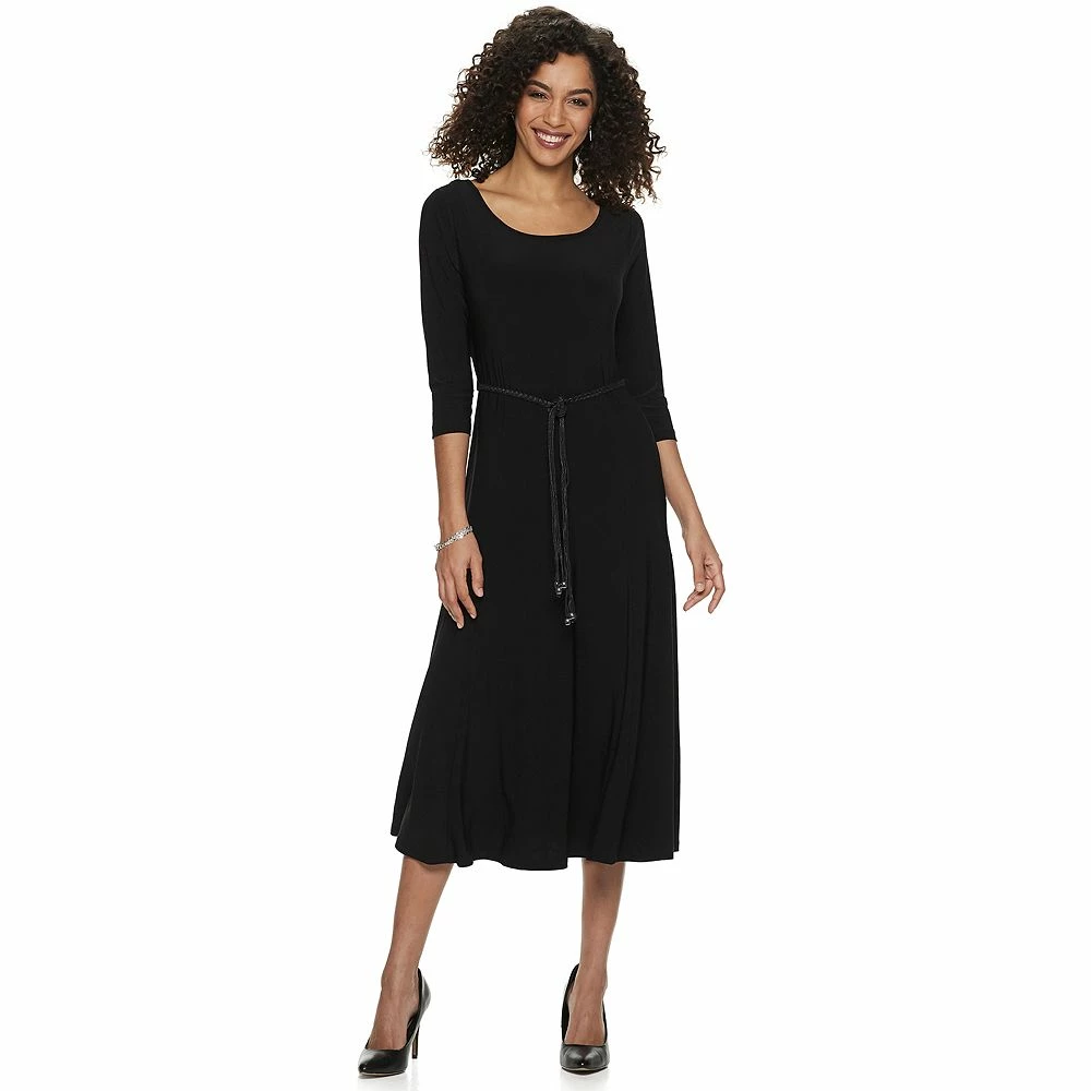 Women's Nina Leonard Three-Quarter Sleeve Belted Midi Dress 1 Women's Nina Leonard Three-Quarter Sleeve Belted Midi Dress