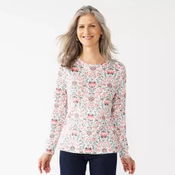 Women's Croft & Barrow® Essential Long-Sleeve Crewneck Tee 14 Women's Croft & Barrow® Essential Long-Sleeve Crewneck Tee -Cuddl Duds SHOP 3836990 Peach Floral Medallion