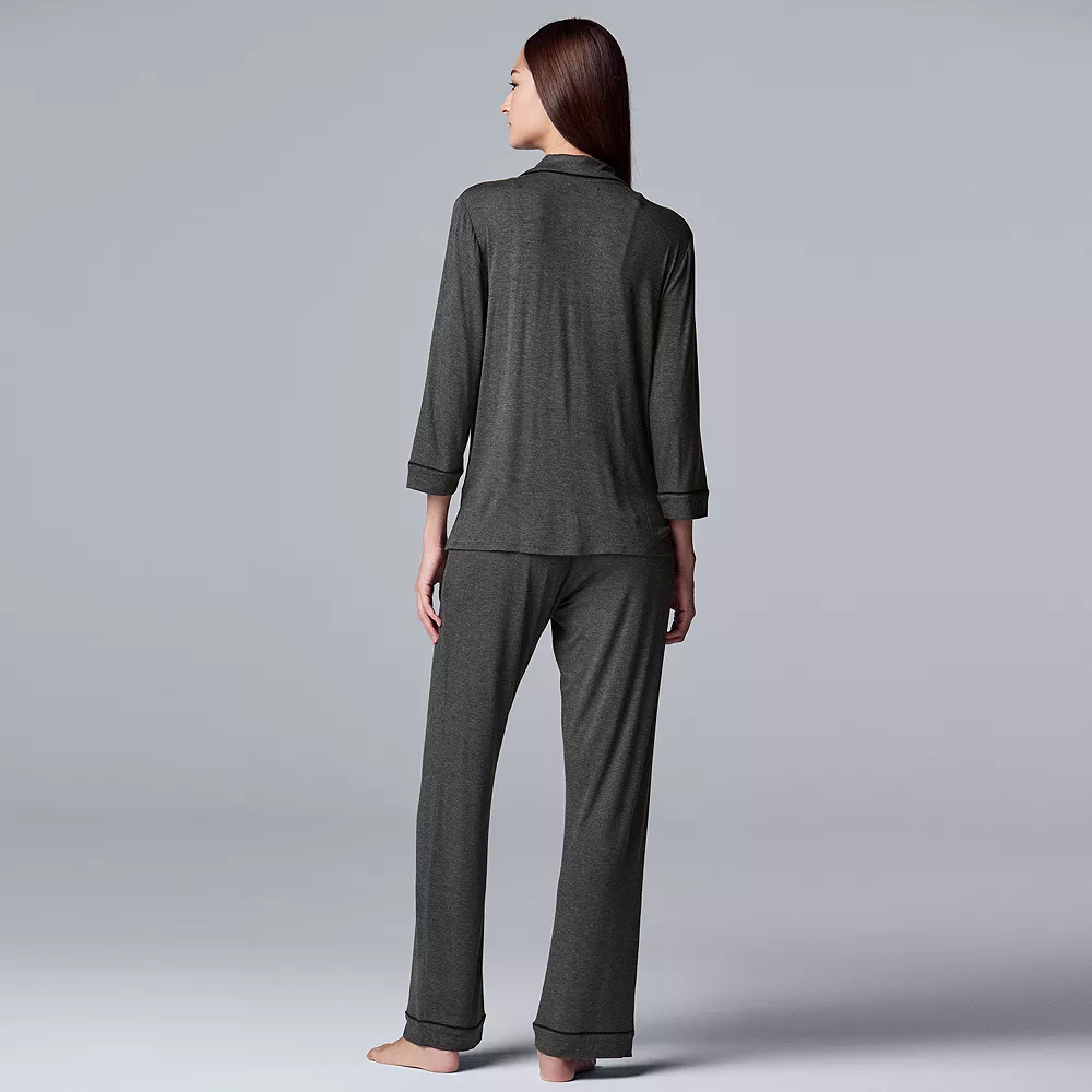 Women's Simply Vera Vera Wang Basic Luxury ¾ Sleeve Pajama Shirt & Pants Sleep Set 3 Women's Simply Vera Vera Wang Basic Luxury ¾ Sleeve Pajama Shirt & Pants Sleep Set - Image 3