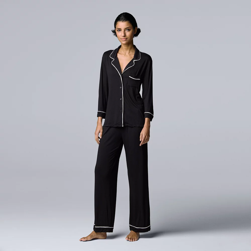 Women's Simply Vera Vera Wang Basic Luxury ¾ Sleeve Pajama Shirt & Pants Sleep Set 2 Women's Simply Vera Vera Wang Basic Luxury ¾ Sleeve Pajama Shirt & Pants Sleep Set - Image 2