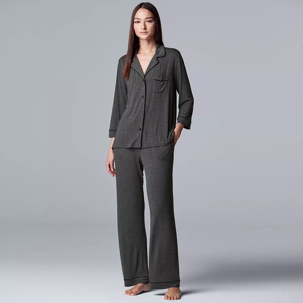 Women's Simply Vera Vera Wang Basic Luxury ¾ Sleeve Pajama Shirt & Pants Sleep Set 1 Women's Simply Vera Vera Wang Basic Luxury ¾ Sleeve Pajama Shirt & Pants Sleep Set