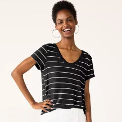 Juniors' SO® Favorite V-Neck Short Sleeve Tee -Cuddl Duds SHOP 3978405 Black Stripe