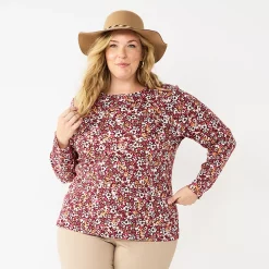 Plus Size Croft & Barrow® Essential Crewneck Long Sleeve Tee -Cuddl Duds SHOP 4470907 Plum Peach Field
