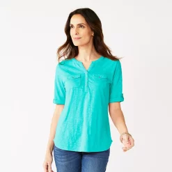 Women's Croft & Barrow® Roll-Tab Utility Henley Top -Cuddl Duds SHOP 4777816 Aqua