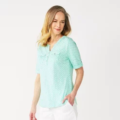 Women's Croft & Barrow® Roll-Tab Utility Henley Top -Cuddl Duds SHOP 4777816 Aqua White Tiny Tile