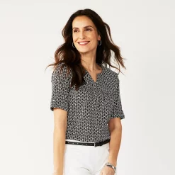 Women's Croft & Barrow® Roll-Tab Utility Henley Top -Cuddl Duds SHOP 4777816 Black White Tiny Tile
