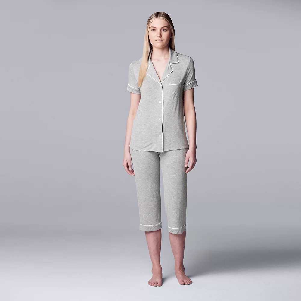 Women's Simply Vera Vera Wang Basic Luxury Notch Collar Pajama Shirt & Pajama Capris Set 1 Women's Simply Vera Vera Wang Basic Luxury Notch Collar Pajama Shirt & Pajama Capris Set