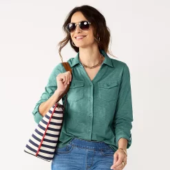 Women's Croft & Barrow® Soft Roll-Tab Shirt -Cuddl Duds SHOP 4971863 Silver Pine