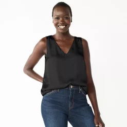 Women's Nine West V-Neck Tank -Cuddl Duds SHOP 4974987 Black Satin