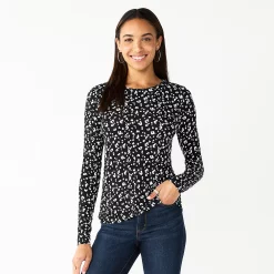 Women's Nine West Essential Soft-Spun Long Sleeve Crewneck Tee -Cuddl Duds SHOP 4994081 Black Animal