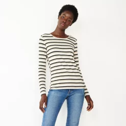 Women's Nine West Essential Soft-Spun Long Sleeve Crewneck Tee -Cuddl Duds SHOP 4994081 Neutral Glitter Stripe