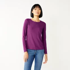 Women's Nine West Essential Soft-Spun Long Sleeve Crewneck Tee -Cuddl Duds SHOP 4994081 Pansy Plum Rib
