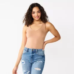Juniors' SO® Seamless V-Neck Tank Bodysuit -Cuddl Duds SHOP 5234068 Beige Khaki