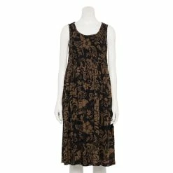 Petite Croft & Barrow® Smocked Swing Midi Dress -Cuddl Duds SHOP 5235414 Black Tan Folk Floral