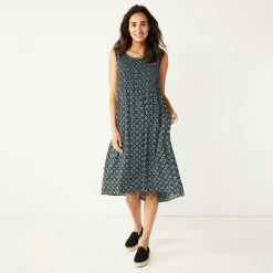 Petite Croft & Barrow® Smocked Swing Midi Dress -Cuddl Duds SHOP 5235414 Black Tile Print