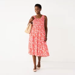 Petite Croft & Barrow® Smocked Swing Midi Dress -Cuddl Duds SHOP 5235414 Floral Coral