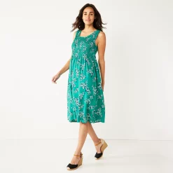Petite Croft & Barrow® Smocked Swing Midi Dress -Cuddl Duds SHOP 5235414 Teal Floral Print