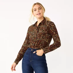 Women's Nine West Drapey Button Down Shirt -Cuddl Duds SHOP 5271741 Black Leopard