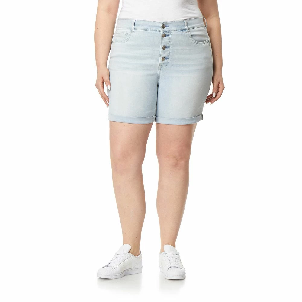 Juniors' Plus Size WallFlower Irresistible High-Rise Exposed Button Midi Shorts 1 Juniors' Plus Size WallFlower Irresistible High-Rise Exposed Button Midi Shorts