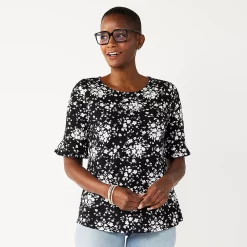 Women's Croft & Barrow® Print Ruffle Sleeve Tee -Cuddl Duds SHOP 5287731 Black Exploded Floral