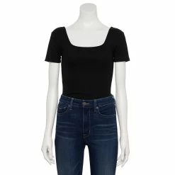 Women's Nine West Rib Short Sleeve Squareneck Bodysuit -Cuddl Duds SHOP 5290693 Black