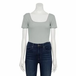Women's Nine West Rib Short Sleeve Squareneck Bodysuit -Cuddl Duds SHOP 5290693 Gray Fox Heather