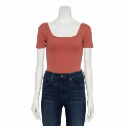 Women's Nine West Rib Short Sleeve Squareneck Bodysuit -Cuddl Duds SHOP 5290693 Mauve Jewel