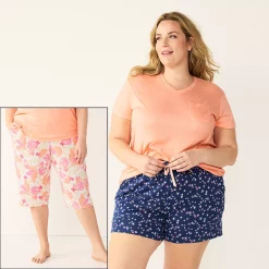 Plus Size Croft & Barrow® 3-Piece Pajama Top, Pajama Shorts & Pajama Skimmers Sleep Set -Cuddl Duds SHOP 5317544 White Tropical