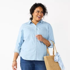 Plus Size Croft & Barrow® Essential Comfort Stretch Shirt -Cuddl Duds SHOP 5361455 Chambray