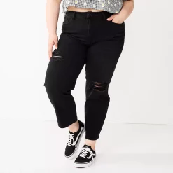 Juniors' Plus Size SO® High-Waisted Ankle Straight Jeans -Cuddl Duds SHOP 5473228 Black Destructed