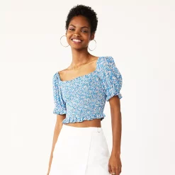 Juniors' SO® Smocked Waist Puff Sleeve Top