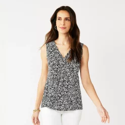 Women's Croft & Barrow® Pleated V-Neck Tank -Cuddl Duds SHOP 5522983 Black Abstract Coral