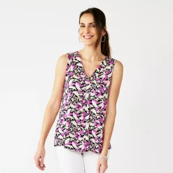 Women's Croft & Barrow® Pleated V-Neck Tank -Cuddl Duds SHOP 5522983 Black Pink Palm