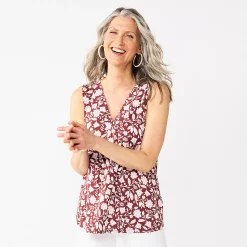 Women's Croft & Barrow® Pleated V-Neck Tank -Cuddl Duds SHOP 5522983 Maroon Tonal Floral