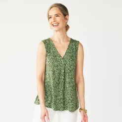 Women's Croft & Barrow® Pleated V-Neck Tank -Cuddl Duds SHOP 5522983 Olive Abstract Coral