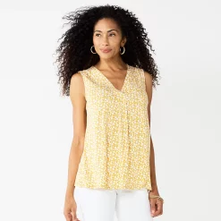 Women's Croft & Barrow® Pleated V-Neck Tank -Cuddl Duds SHOP 5522983 Yellow Ditsy