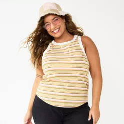 Juniors' Plus Size SO® High Neck Ribbed Tank Top -Cuddl Duds SHOP 5524345 Cream Olive Stripe
