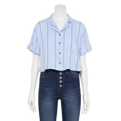 Juniors' SO® Cropped Button-Front Shirt -Cuddl Duds SHOP 5536484 Blue Navy Stripe