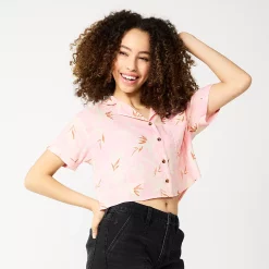 Juniors' SO® Cropped Button-Front Shirt -Cuddl Duds SHOP 5536484 Light Pink Tropical