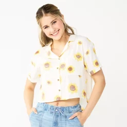 Juniors' SO® Cropped Button-Front Shirt -Cuddl Duds SHOP 5536484 White Sunflower