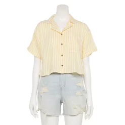 Juniors' SO® Cropped Button-Front Shirt -Cuddl Duds SHOP 5536484 White Yellow Stripe