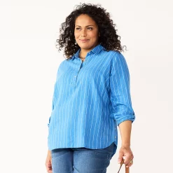 Plus Size Croft & Barrow® Linen-Blend Popover Tunic -Cuddl Duds SHOP 5545050 Blue Stripe