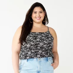 Juniors' Plus Size SO® Cropped Cinch-Waist Tank -Cuddl Duds SHOP 5548387 Black White Floral
