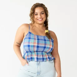 Juniors' Plus Size SO® Cropped Cinch-Waist Tank -Cuddl Duds SHOP 5548387 Blue Teal Plaid