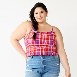 Juniors' Plus Size SO® Cropped Cinch-Waist Tank -Cuddl Duds SHOP 5548387 Red Purple Plaid
