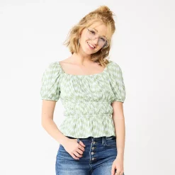 Juniors' SO® Ruffled Double Cinched Waist Top -Cuddl Duds SHOP 5551245 Green Check