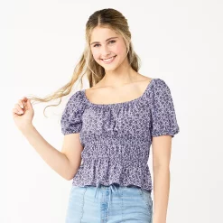 Juniors' SO® Ruffled Double Cinched Waist Top -Cuddl Duds SHOP 5551245 Lavendar Floral