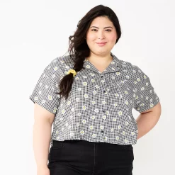 Juniors' Plus Size SO® Cropped Button Down Shirt 14 Juniors' Plus Size SO® Cropped Button Down Shirt -Cuddl Duds SHOP 5552605 Black Daisy Check