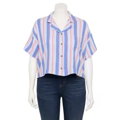 Juniors' Plus Size SO® Cropped Button Down Shirt 15 Juniors' Plus Size SO® Cropped Button Down Shirt -Cuddl Duds SHOP 5552605 Blue Red Stripe